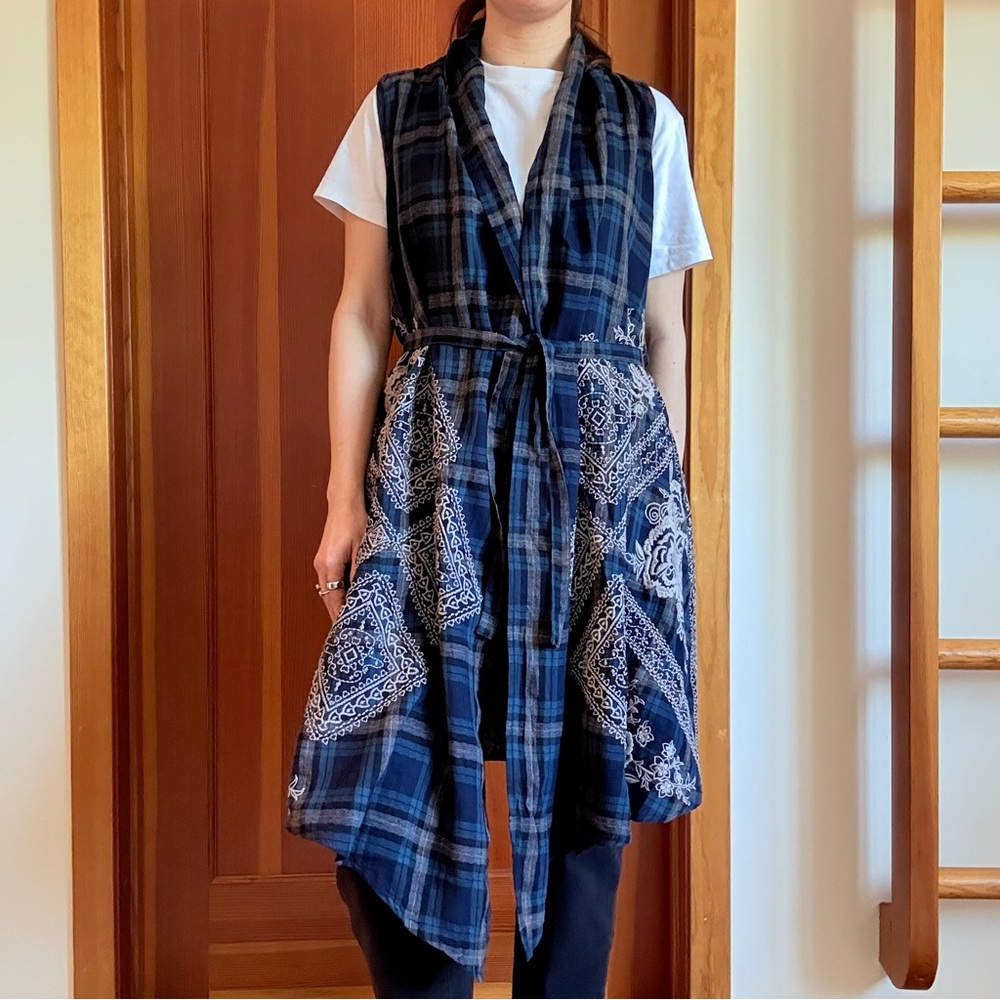 Johnny Was Dion Draped Sleeveless Vest Embroidered Plaid Open Self Tie Boho XS